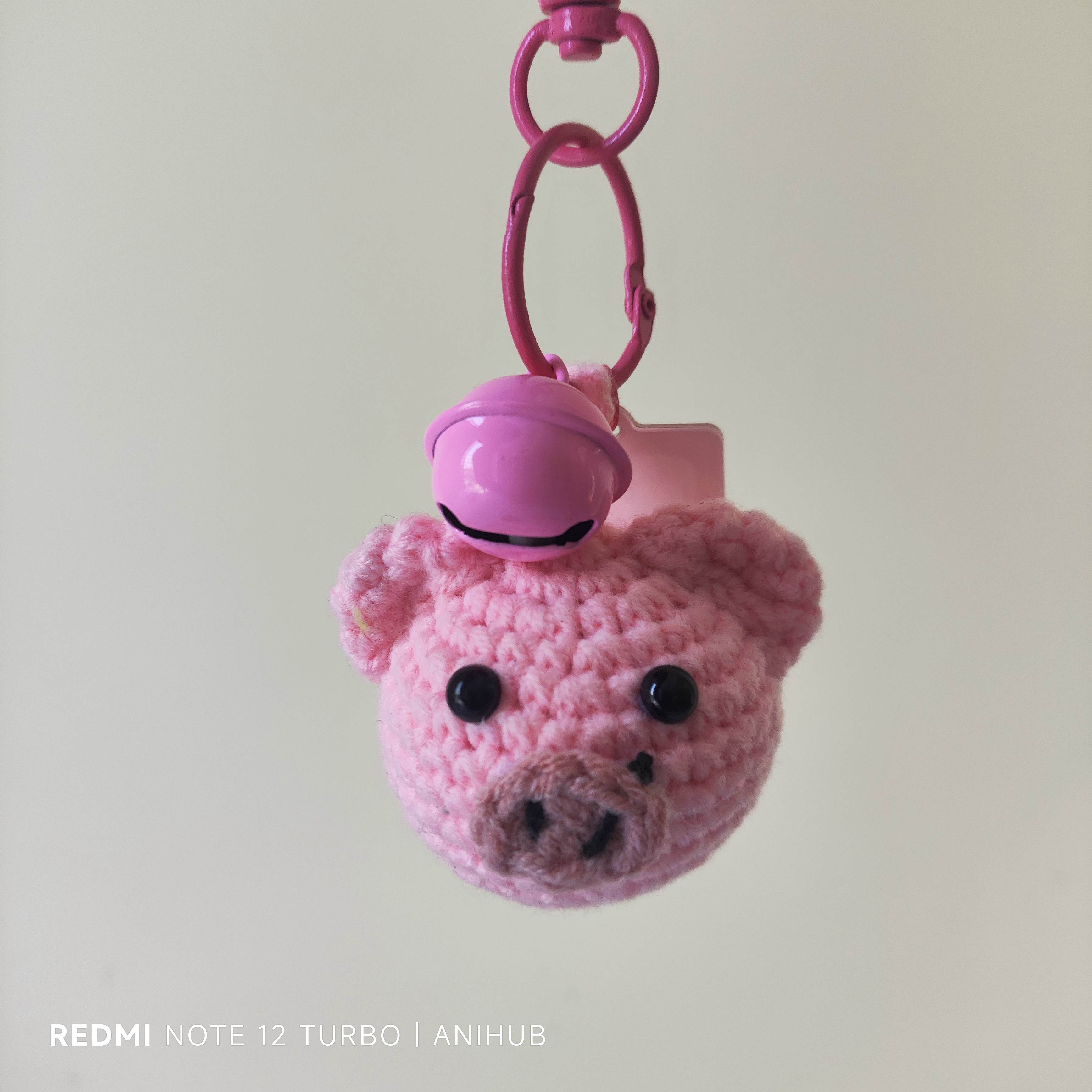 Pink Pig Head With Bell Handmade Keychain